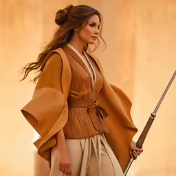 a woman dressed in a brown outfit with a sword