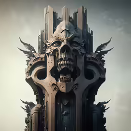 an unusual architectural structure that appears to be a skull and an enormous bird