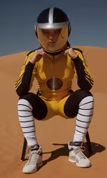 a person sitting on a stool in a yellow body suit