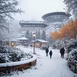 two people walking in the snow toward a large building