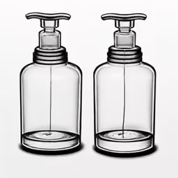 two bottles with soap dispensers one is empty