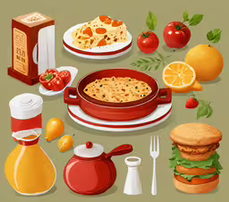 a painting of different types of foods on a table,a illustration of a set of food items
