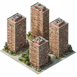 three tall brown buildings sitting next to each other