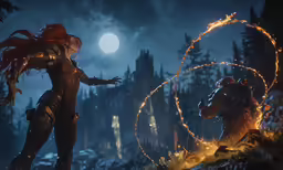 a woman and demon look at a fire ring