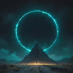 a mountain with two light trails that glow brightly blue