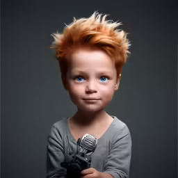 a red headed child with a microphone looking at the camera