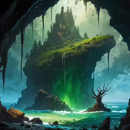 a dark cave with a green glowing light at the entrance to it
