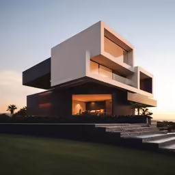 an architecturally designed house sits at the top of the grassy hillside