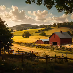 red barn in green grassy pasture at sunrise
