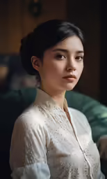 the asian woman in white is sitting down