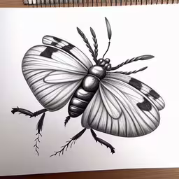 a bug drawing on paper next to some scissors,a black and white drawing of a butterfly