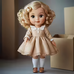 an doll wearing a cream dress with white shoes