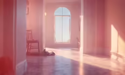an empty room with a wooden bench and a window