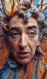 a woman wearing curly hair with lots of paint on her head