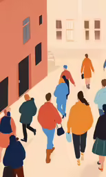 an illustration of some people walking down a street