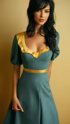 a woman wearing a short green dress with a gold sash