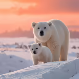 a polar bear and its cub in the snow