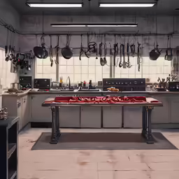 an indoor kitchen with pot rack and pots on the counter