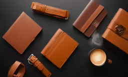 leather pouches, leather coffee cup, a cup of coffee, and a candle sitting on a table