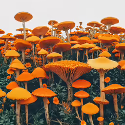 an abundance of orange mushrooms in a field
