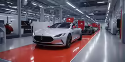the interior of a car assembly facility, with an automated robot