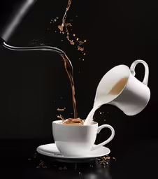 coffee pours out of a white cup