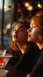 two woman, one is looking at something in the distance,two women sitting at a table with drinks