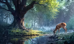 a deer is drinking water out of a pond