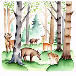 several deer and deer doe in the forest,a picture of some animals in a forest,several deer standing in a forest next to trees,some animals are standing in a forest,a watercolor drawing of deer, elk and a fawn standing in the middle of the woods