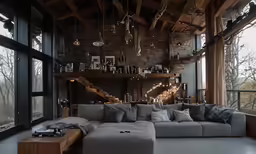 a very big couch by a bunch of windows in a living room