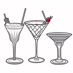 three martinis one is white with a straw and two are black,three glasses filled with different types of drinks