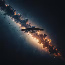 airplane flying above the smoke and light from the sky