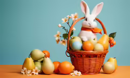 an easter basket with several eggs and fruits in it