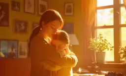 mother and daughter hugging while sitting on their lap