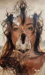 a woman has her face covered in water