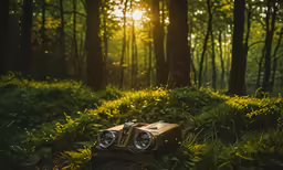 an old camera is lying on a log in the forest
