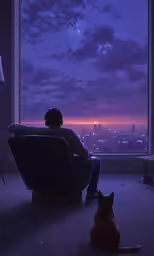 a person sits in a chair next to a cat