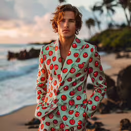 a man in a suit with red apples on it,a man in a suit by the beach