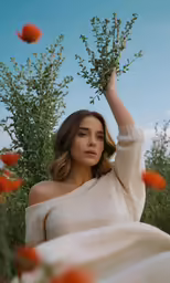 woman with white shirt holding small branches on head in field