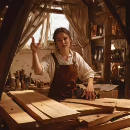 a woman leaning on wooden planks in a small shed