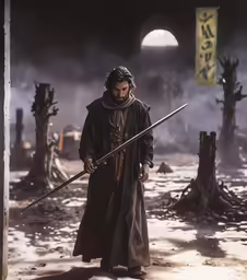 a man dressed in an armor is holding two long swords