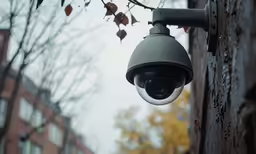 a grey security camera on a tree outside