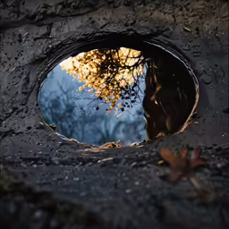 an oval hole in a wall has a tree reflection