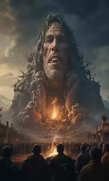 a large poster of a giant man surrounded by people