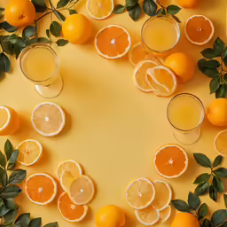 glasses and orange slices are arranged in an elaborate formation