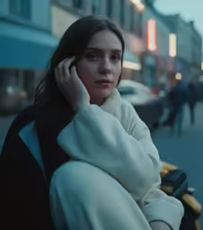 a woman is sitting on the curb talking on a cellphone