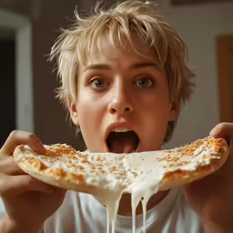 a person takes a bite out of a piece of pizza
