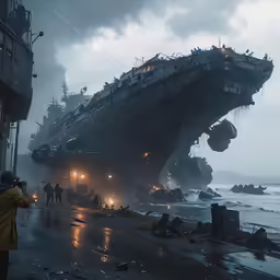 people walking on a wet street past a ship