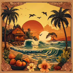 tropical scene with an orange boat, palm trees and a beautiful house,a picture with a beach scene, palm trees and a hut and birds