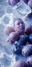 a man submerged in some ice cubes next to a blue and purple bowl